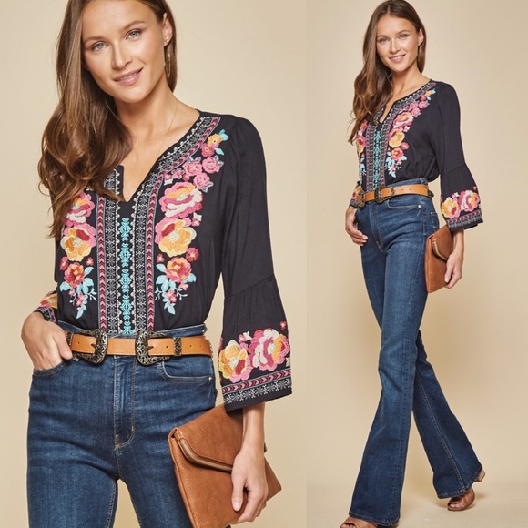 Navy Embroidered Floral Top